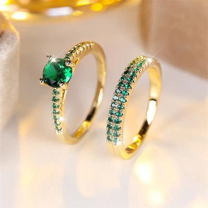 Conjunto de Anéis Duo Serena Esmeralda | Ouro